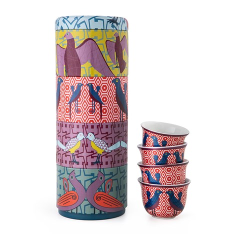 Tin box with 4 porcelain coffee cups - Birds of paradise