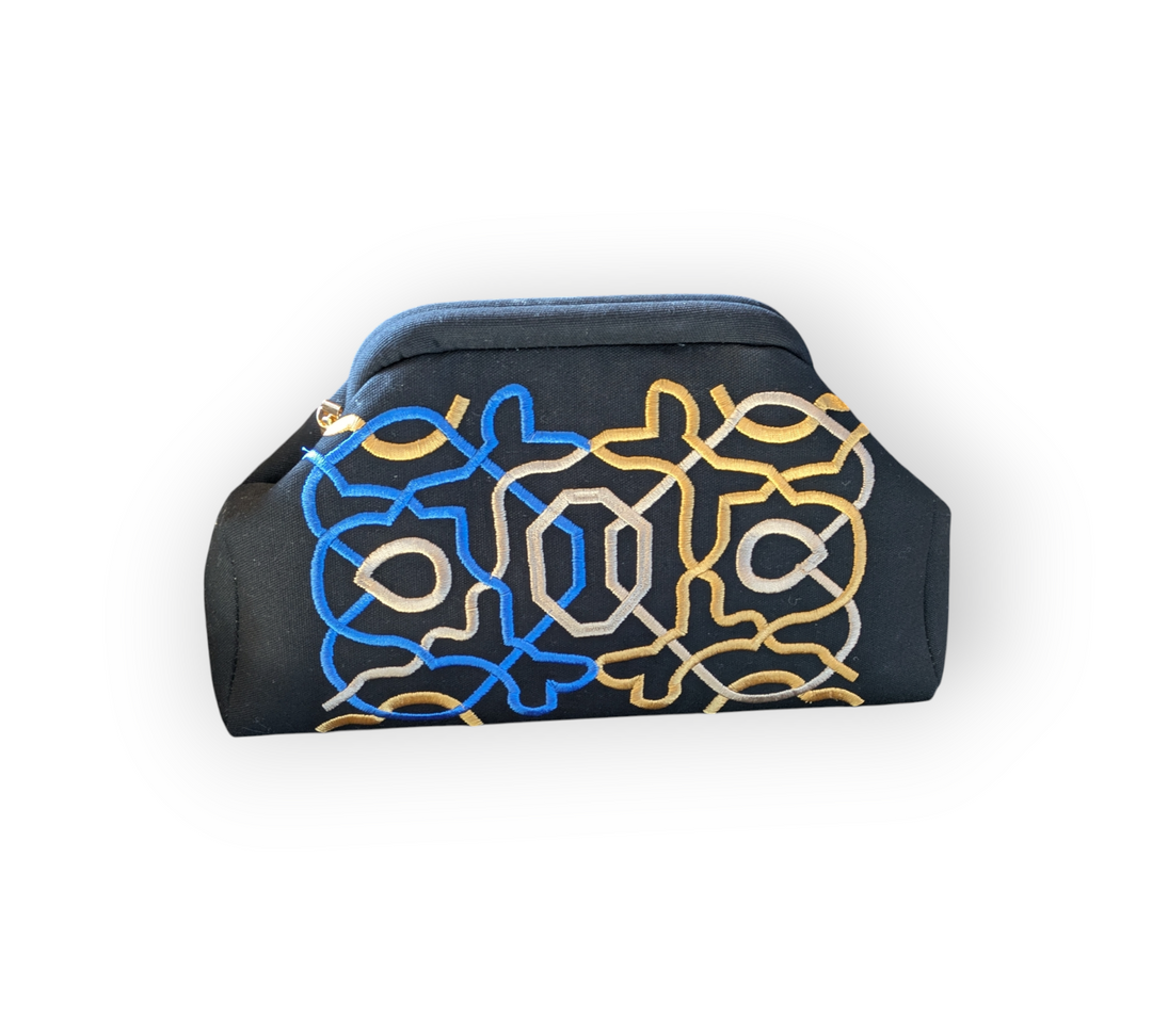 Black Clutch with Geometric Embroidery (Loujain Accessories)