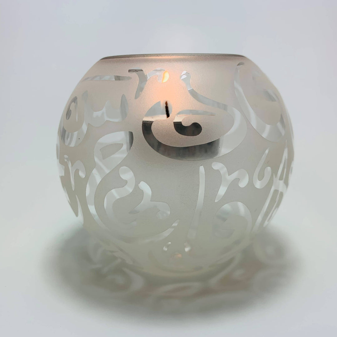 Blown Glass Candle Holder - Calligraphy in White