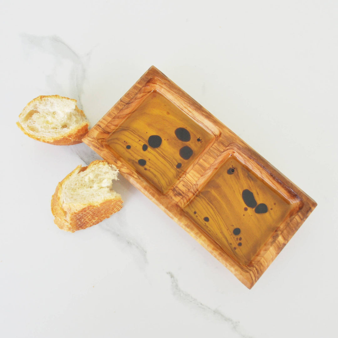 Olive Wood Double Dipping Bowl - Square - 6.5”