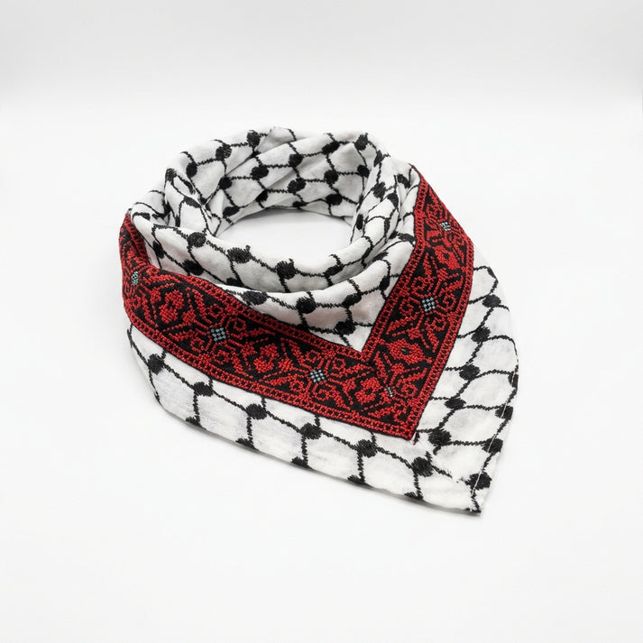 Classic Keffiyeh Triangle Bandana with Red Tatreez