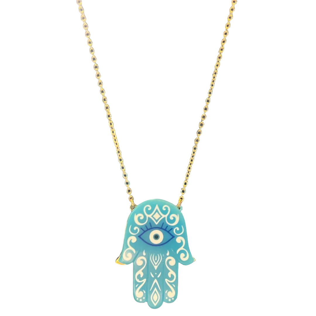 White and Blue Resin Hamsa Necklace