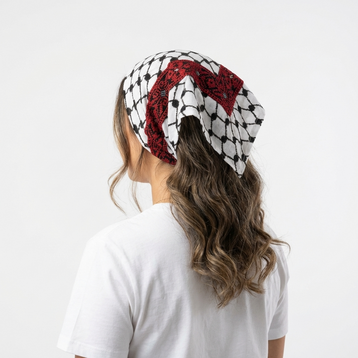 Classic Keffiyeh Triangle Bandana with Red Tatreez