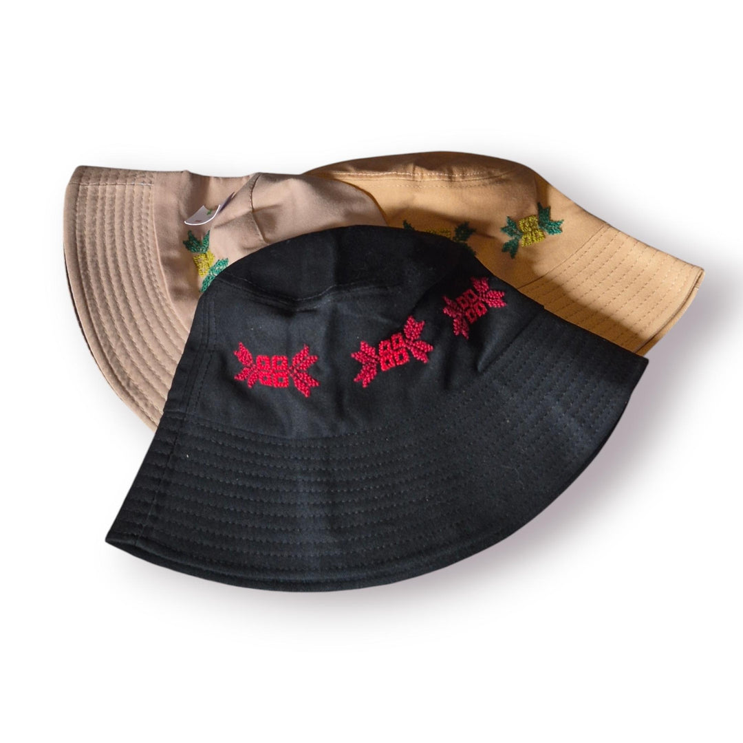 Khaki Bucket Hats with green tatreez