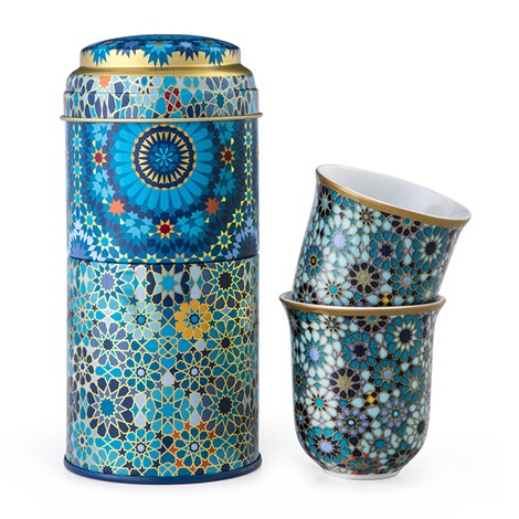 Tin Box with 2 porcelain cups - Moucharabieh Blue