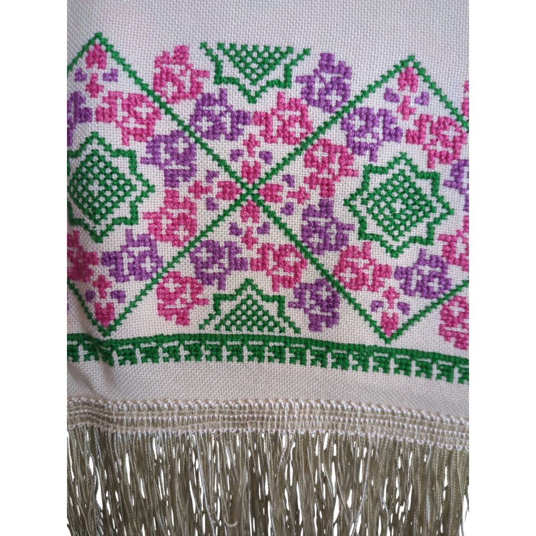 Long Cream Shawl with Tatreez and fringe