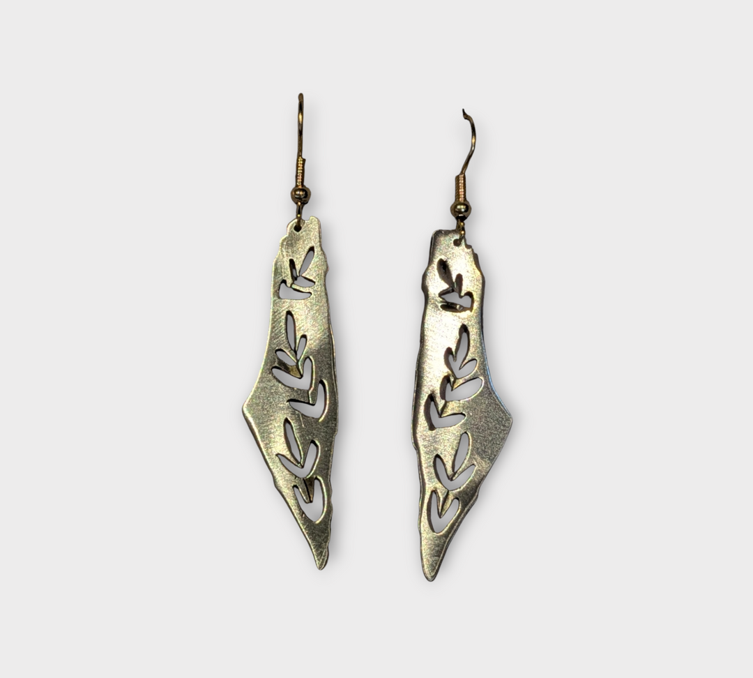 Map of Palestine Brass Earrings with Olive Leaves