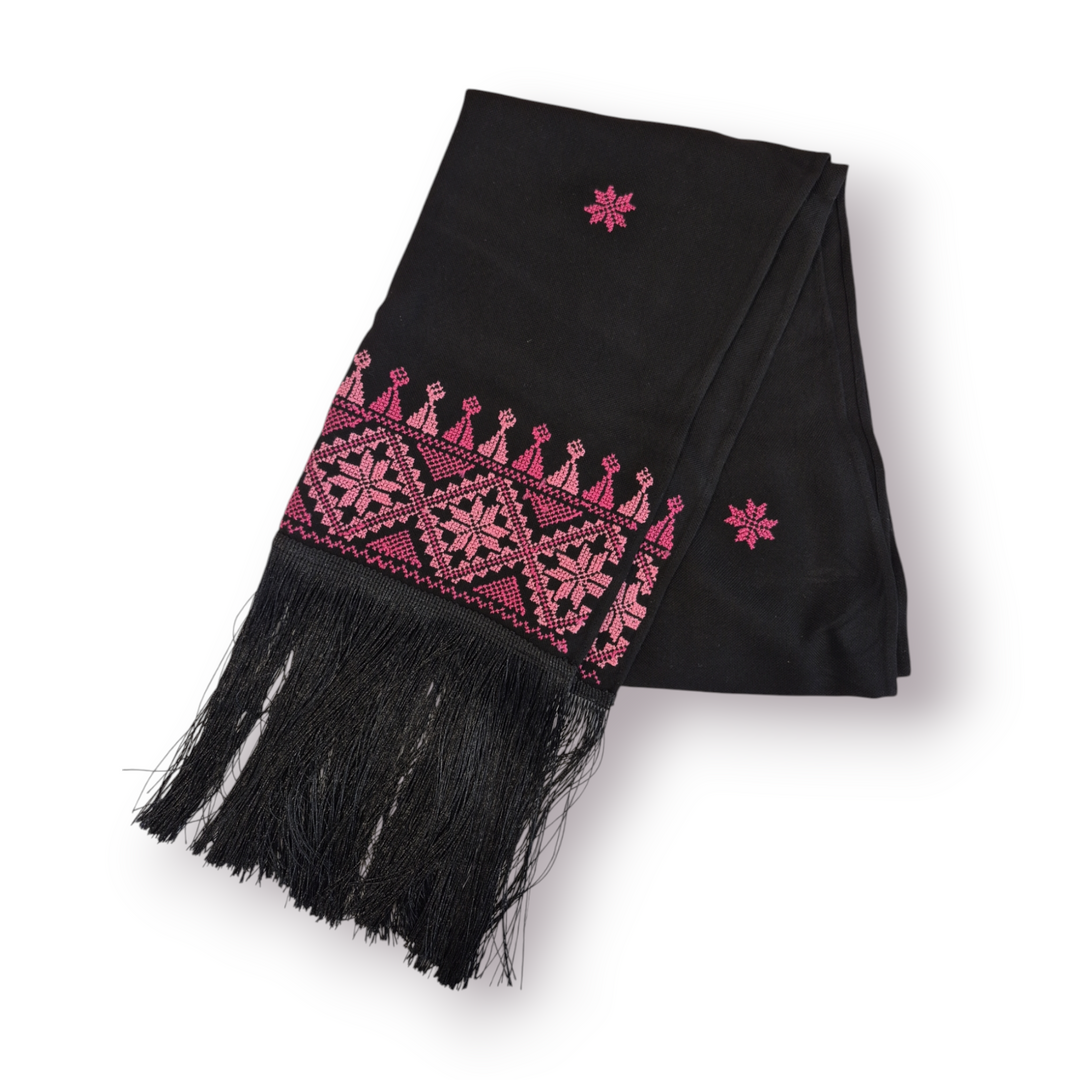 Long Black Shawl with Tatreez and Fringe