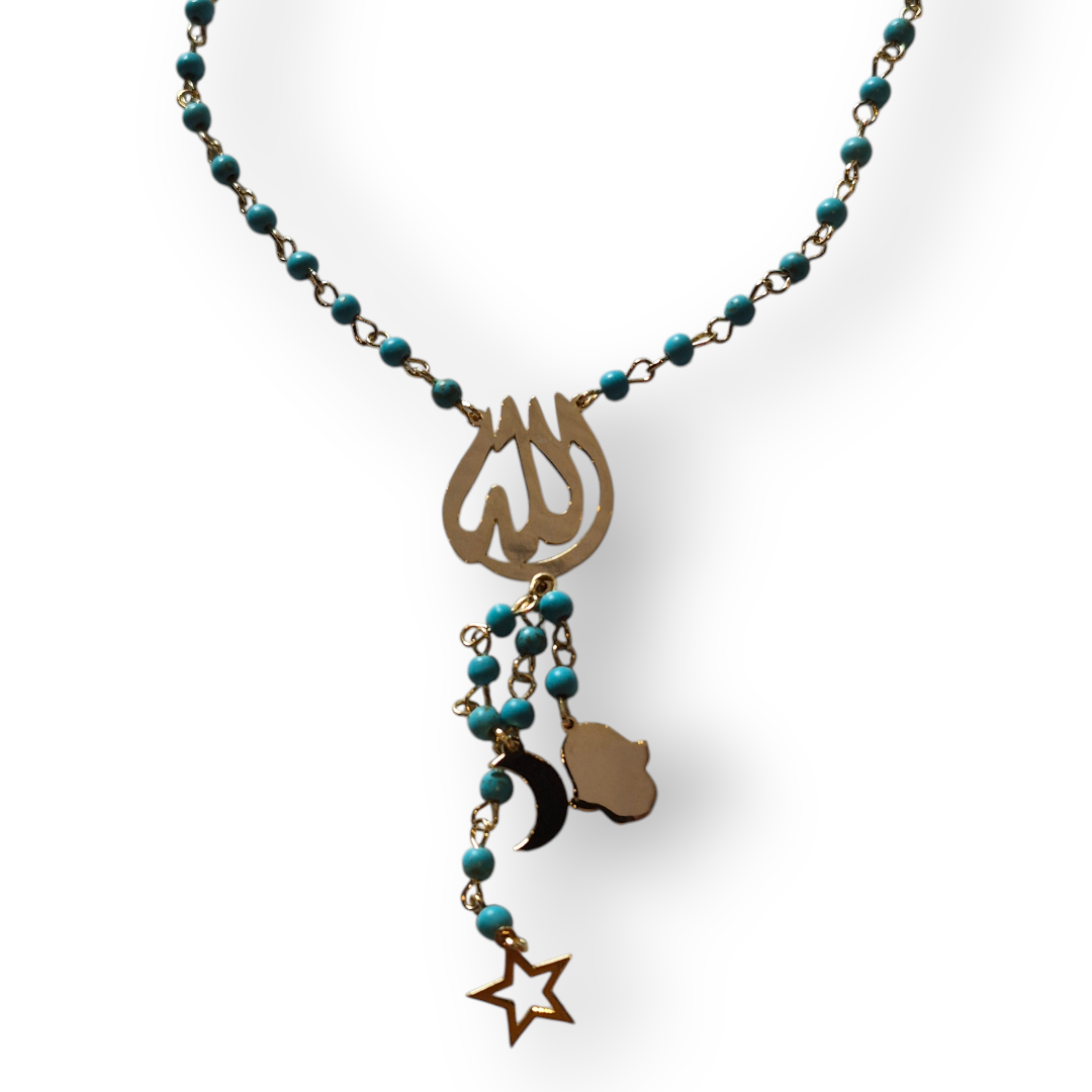 Gold Plated Allah necklace with turqoise beads and charms