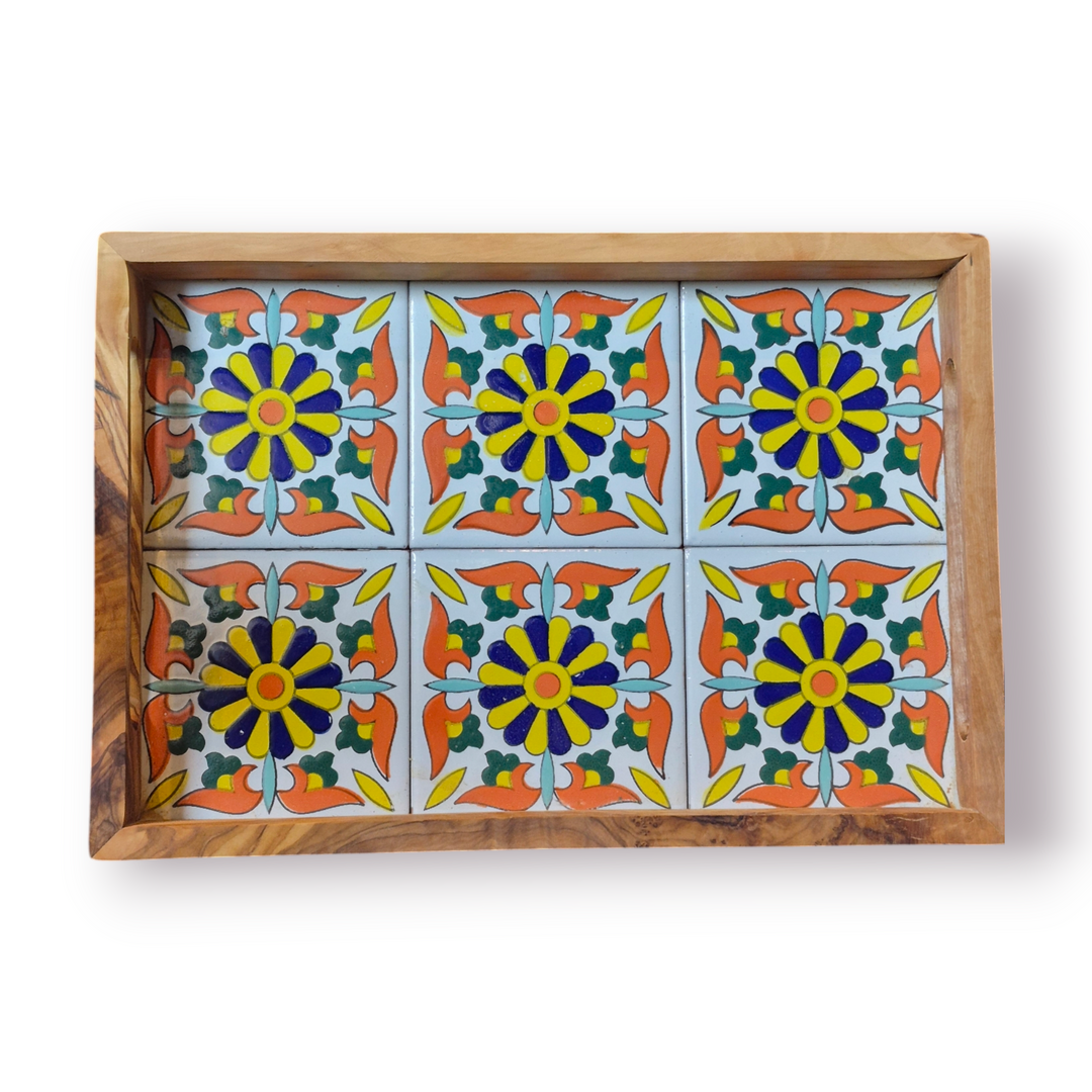 Olive Wood Serving Tray with Ceramic Tiles