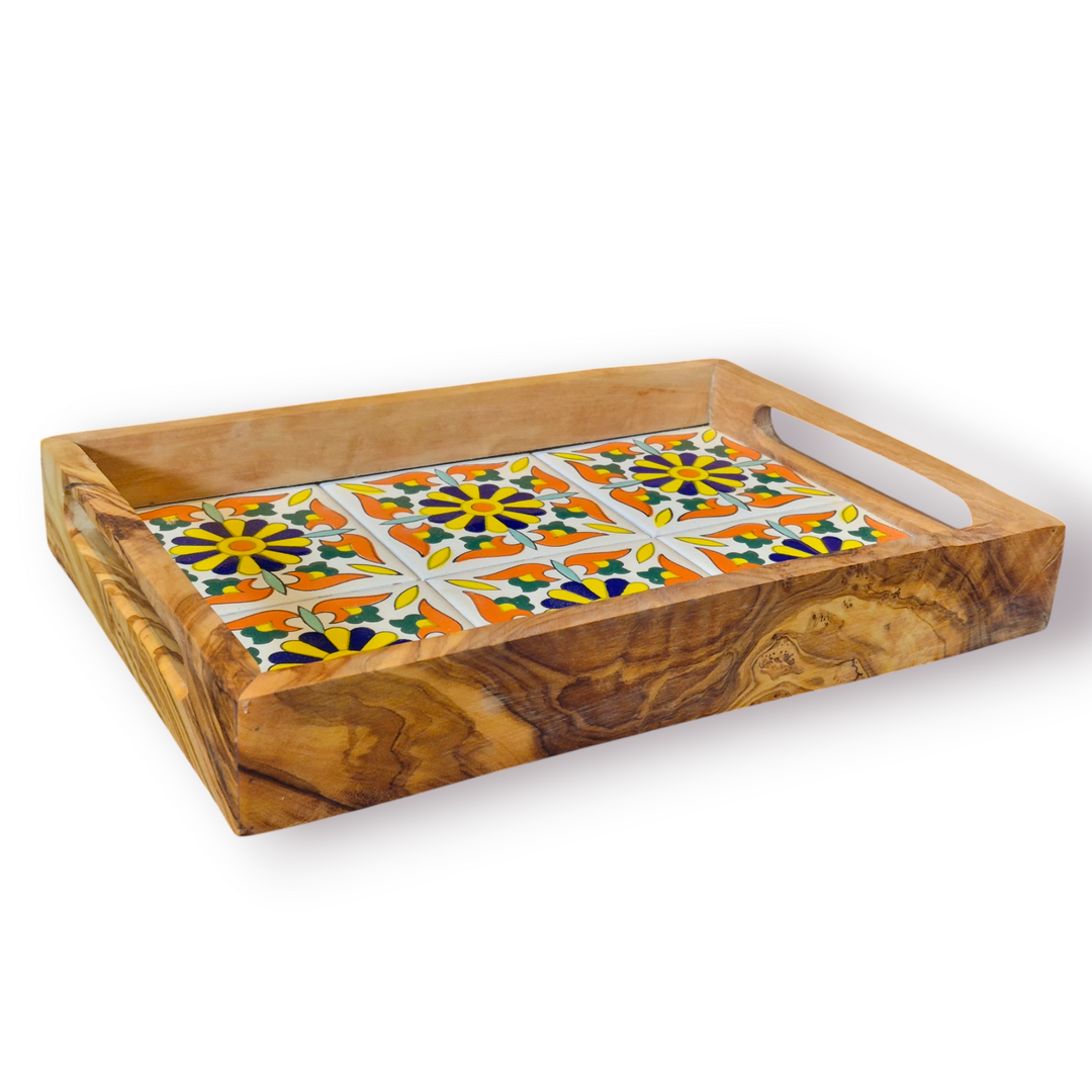 Olive Wood Serving Tray with Ceramic Tiles