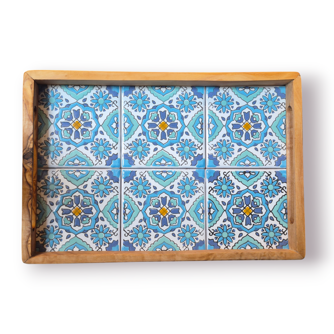 Olive Wood Serving Tray with Ceramic Tiles