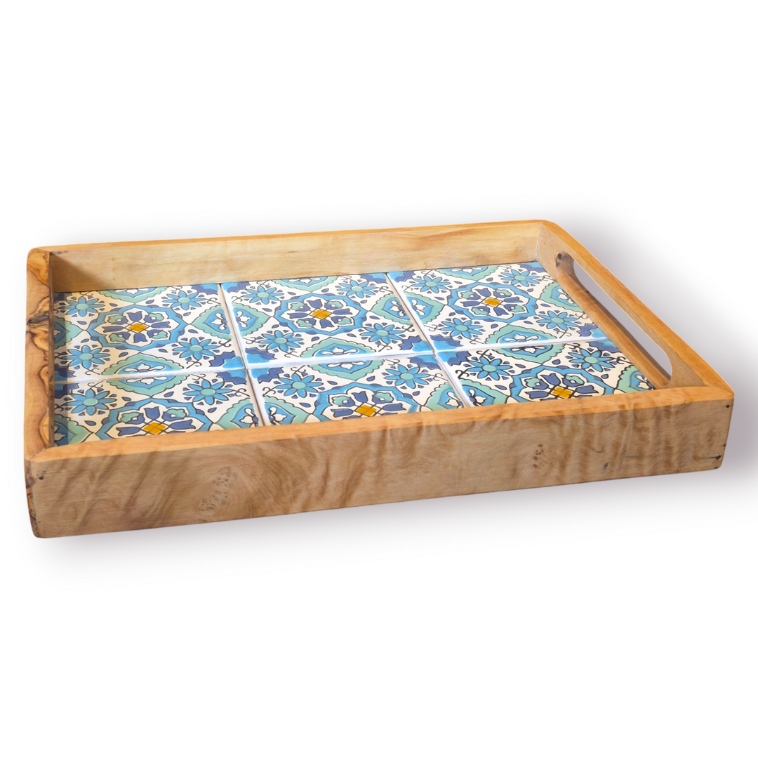 Olive Wood Serving Tray with Ceramic Tiles