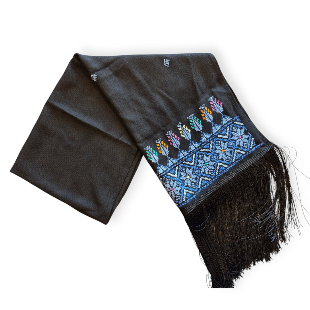 Long Black Shawl with Tatreez and Fringe