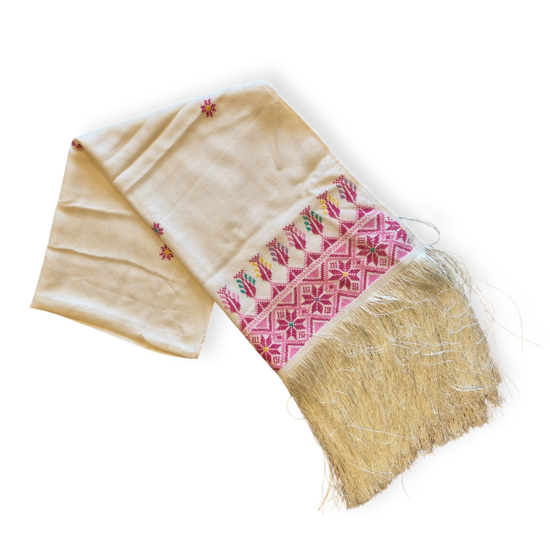 Long Cream Shawl with Tatreez and fringe