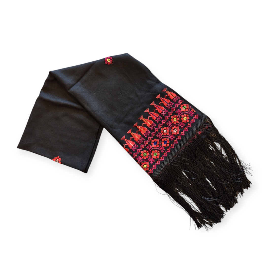 Long Black Shawl with Tatreez and Fringe