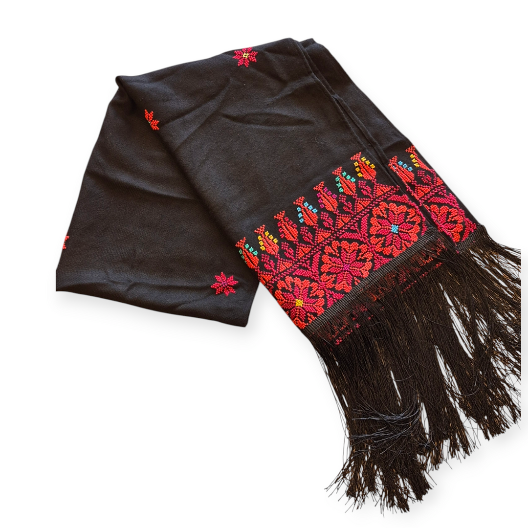 Long Black Shawl with Tatreez and Fringe