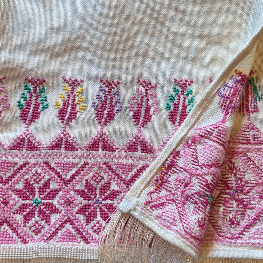 Long Cream Shawl with Tatreez and fringe
