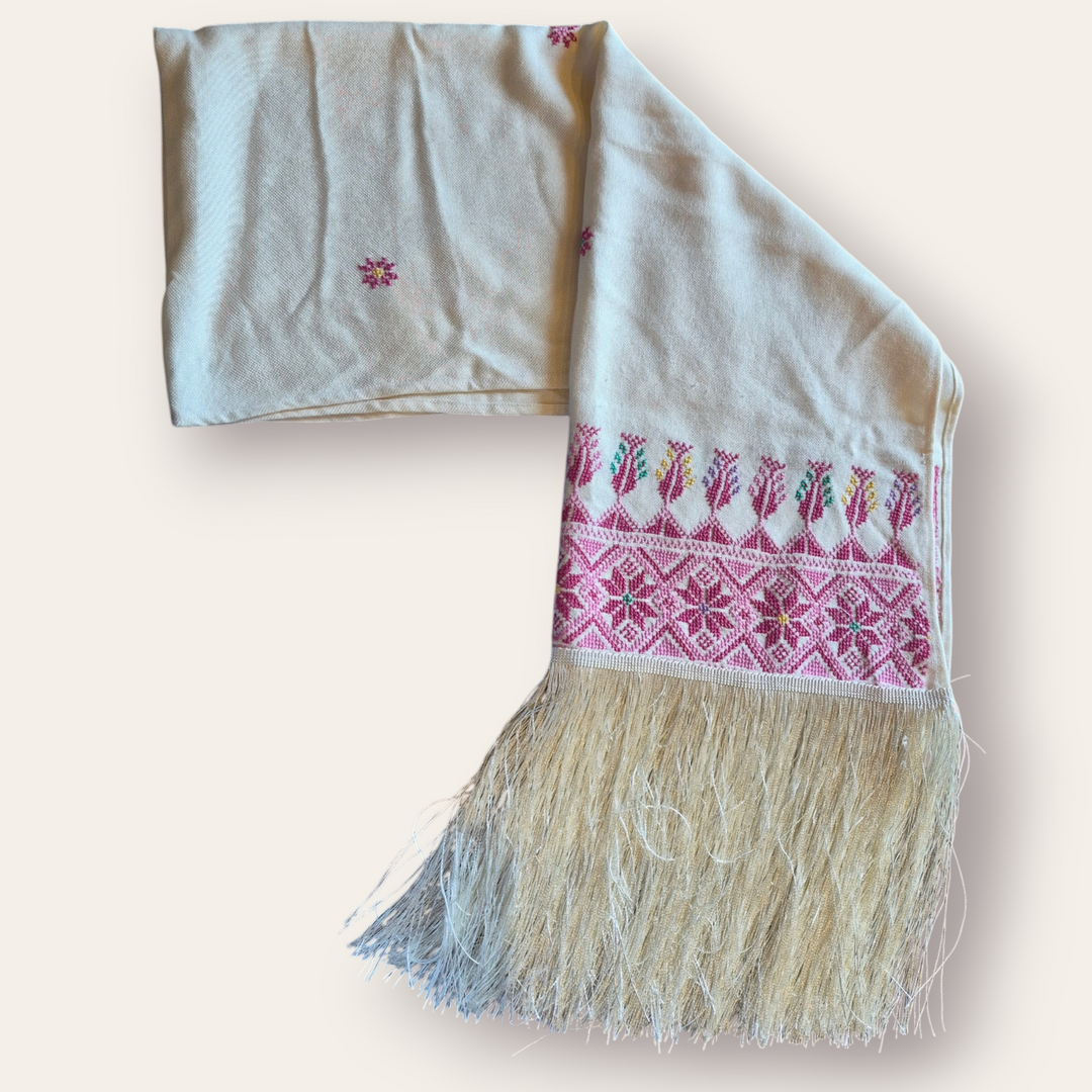 Long Cream Shawl with Tatreez and fringe