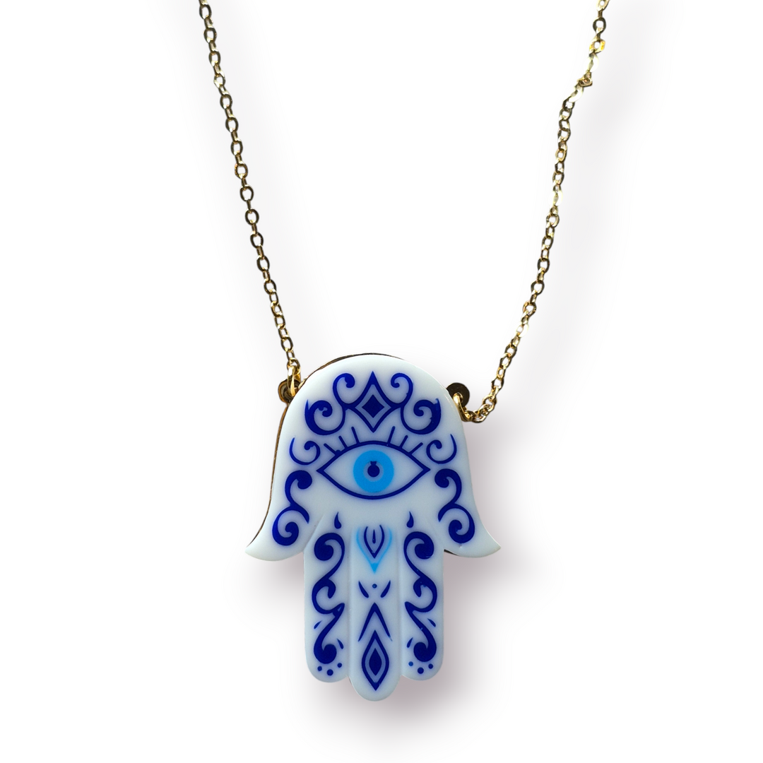 White and Blue Resin Hamsa Necklace