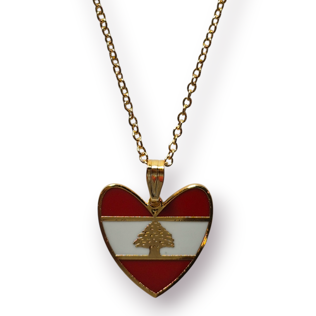 Enamel Heart with Lebanese Flag Pendant and Necklace