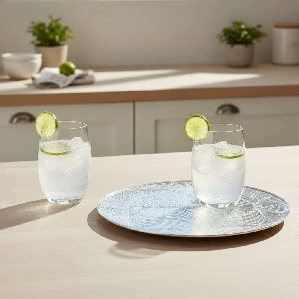 Metal Serving Tray - Round With Lotus Flowers
