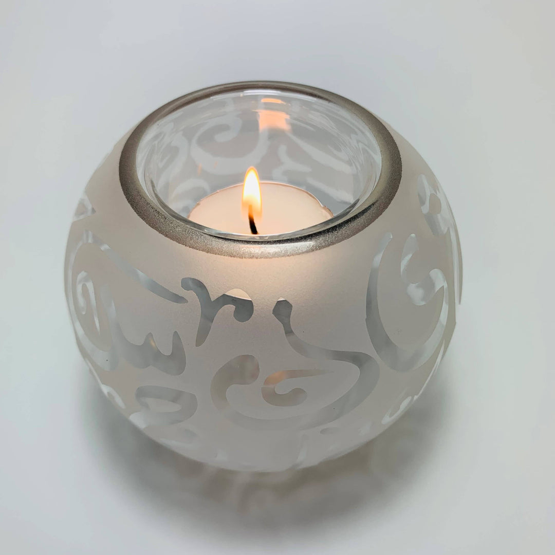 Blown Glass Candle Holder - Calligraphy in White