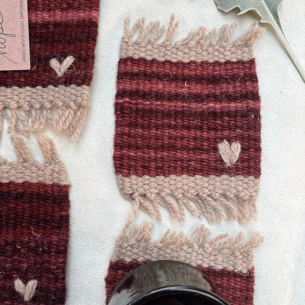 Woven Coaster Set - Red with hearts
