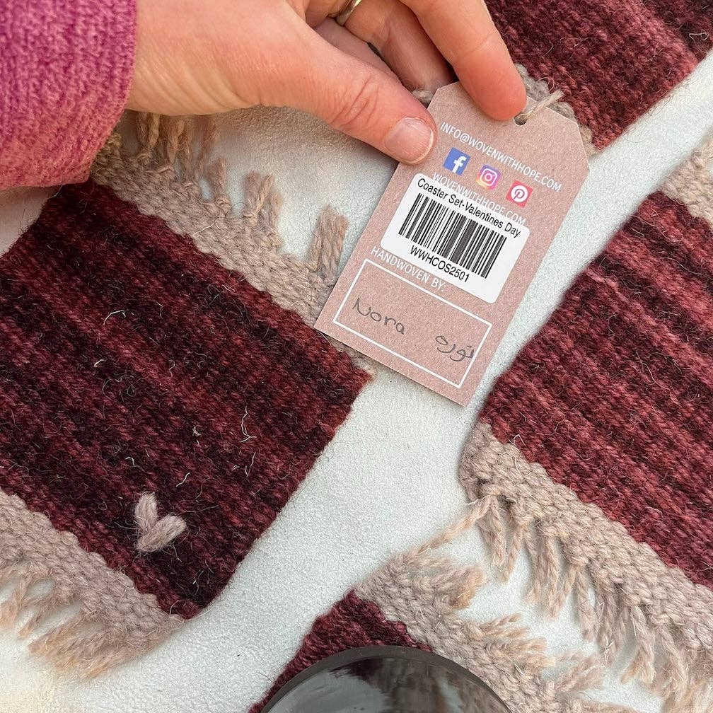Woven Coaster Set - Red with hearts
