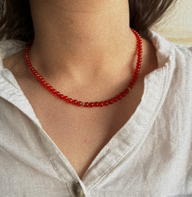 Red Agate and Silver Beaded Necklace