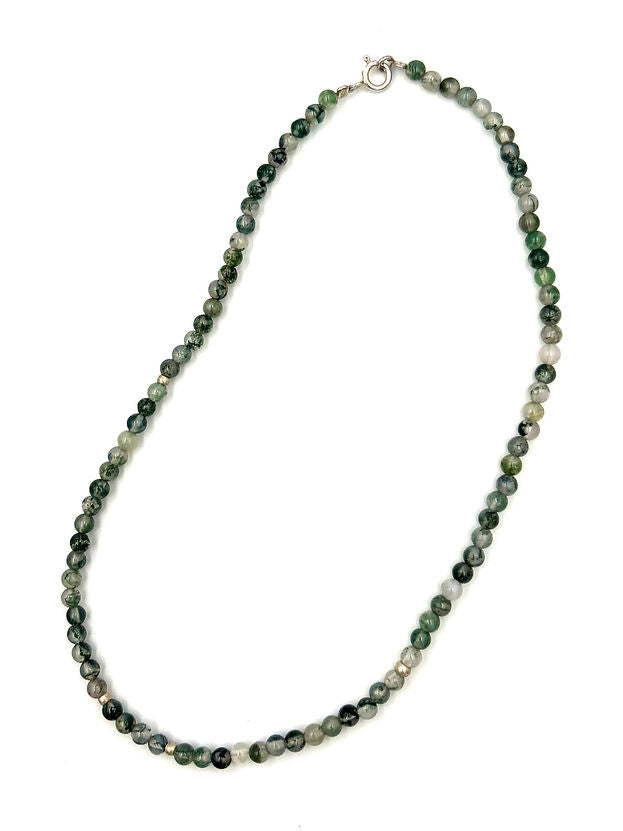 Natural Moss Agate Necklace with Silver Beads