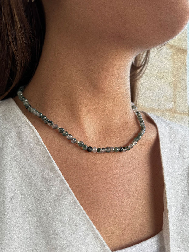Natural Moss Agate Necklace with Silver Beads