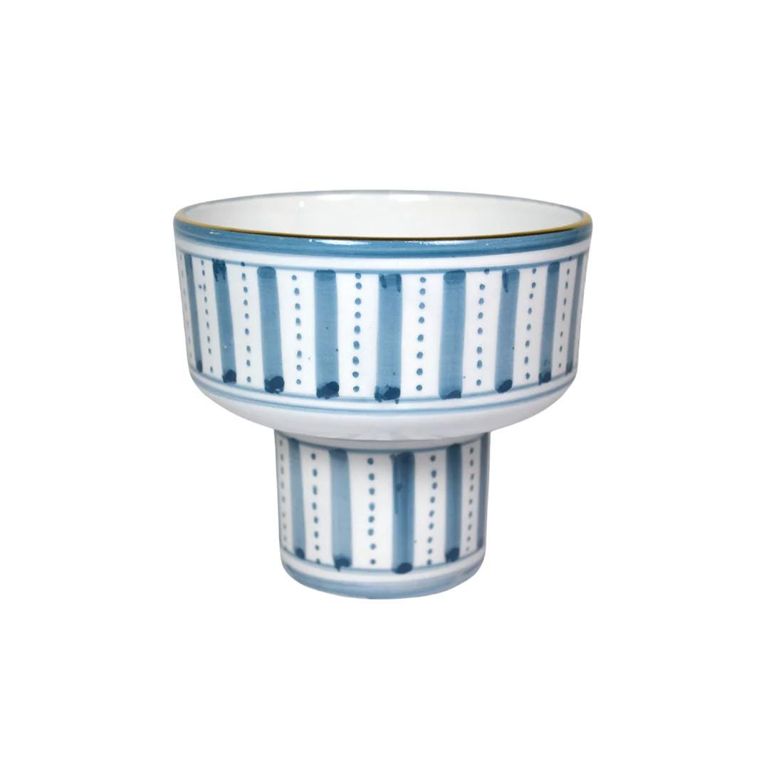 Blue Striped Pedestal Bowl - Handmade Ceramic Serverware