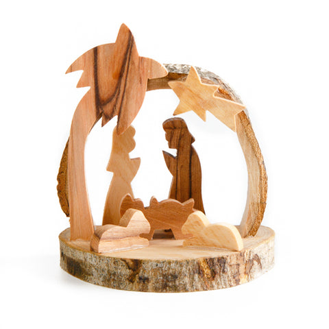 Small Olivewood Nativity on Natural Bark